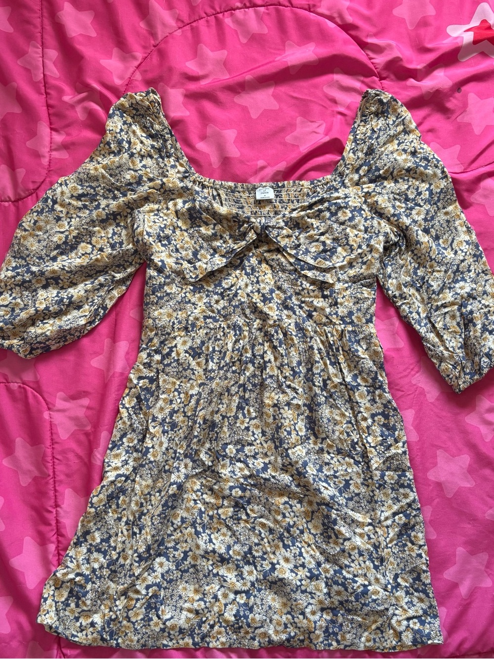 Patrons of Peace Navy and Mustard Floral Puff-Sleeve Mini Dress Size Medium